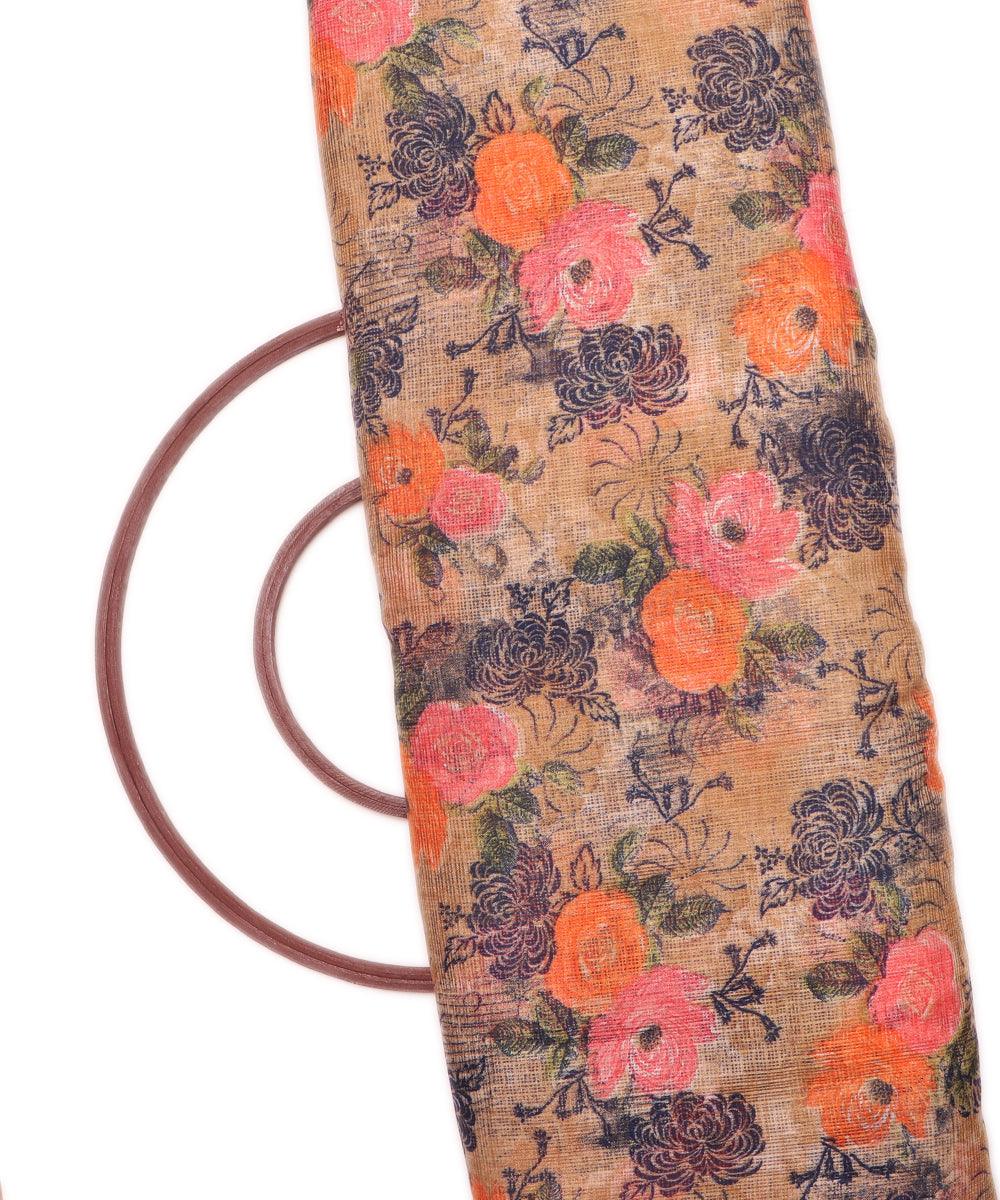 orange floral print kota doria fabric