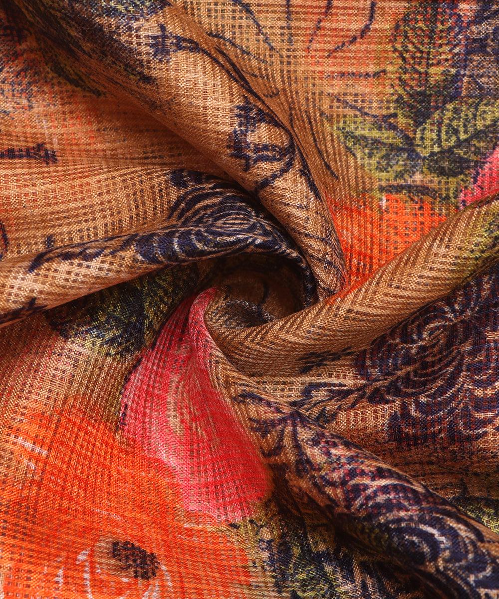 orange floral print kota doria fabric