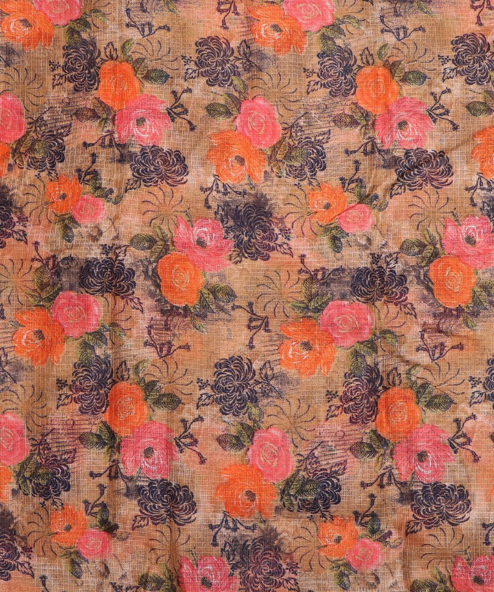 orange floral print kota doria fabric