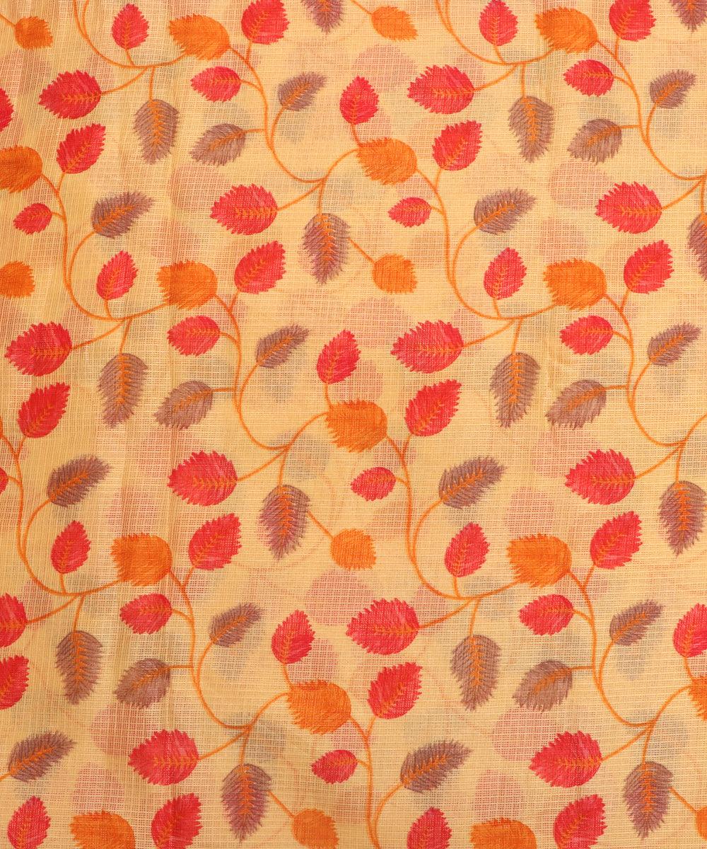 yellow and red leaf print kota doria fabric
