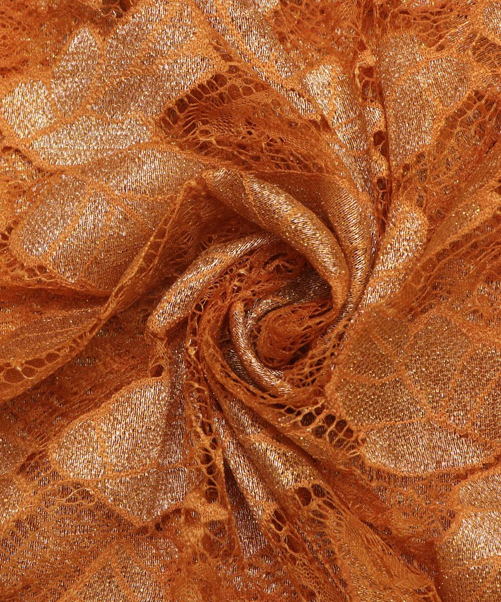 orange and golden foil print cut work net fabric hs131 5575