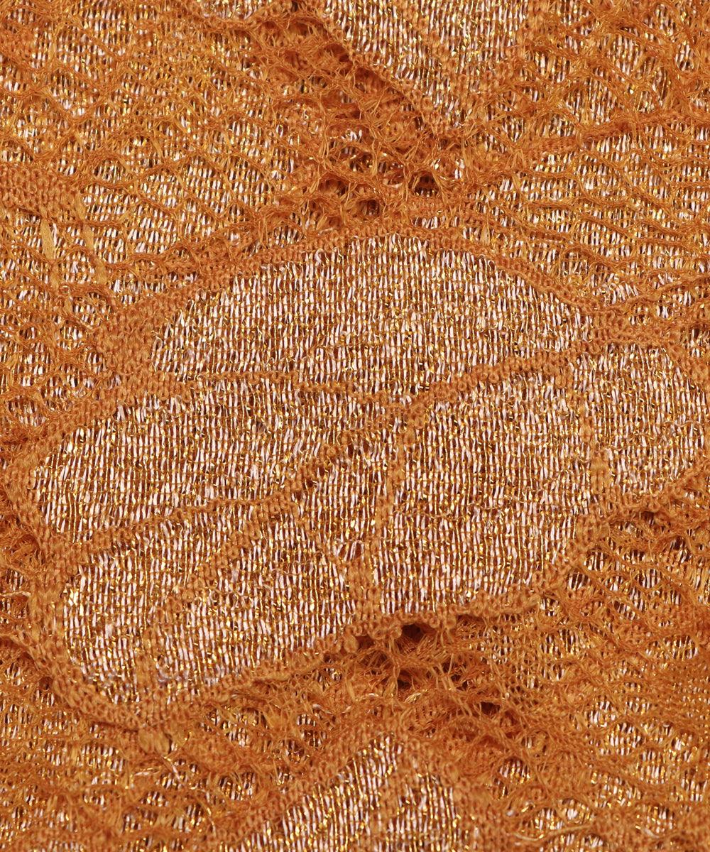 orange and golden foil print cut work net fabric hs131 5575