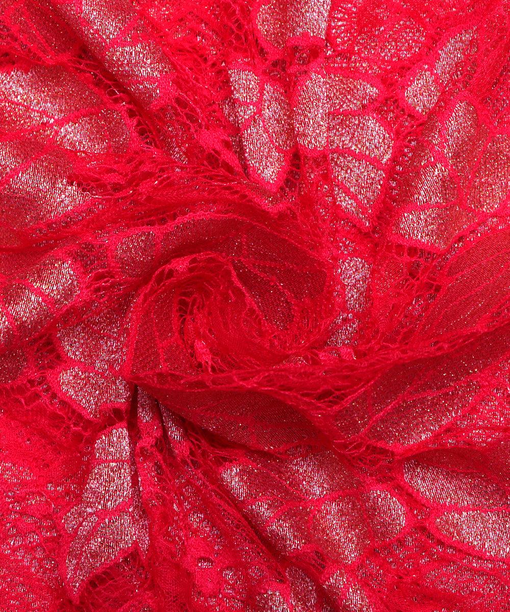 red and golden foil print cut work net fabric hs131 5572