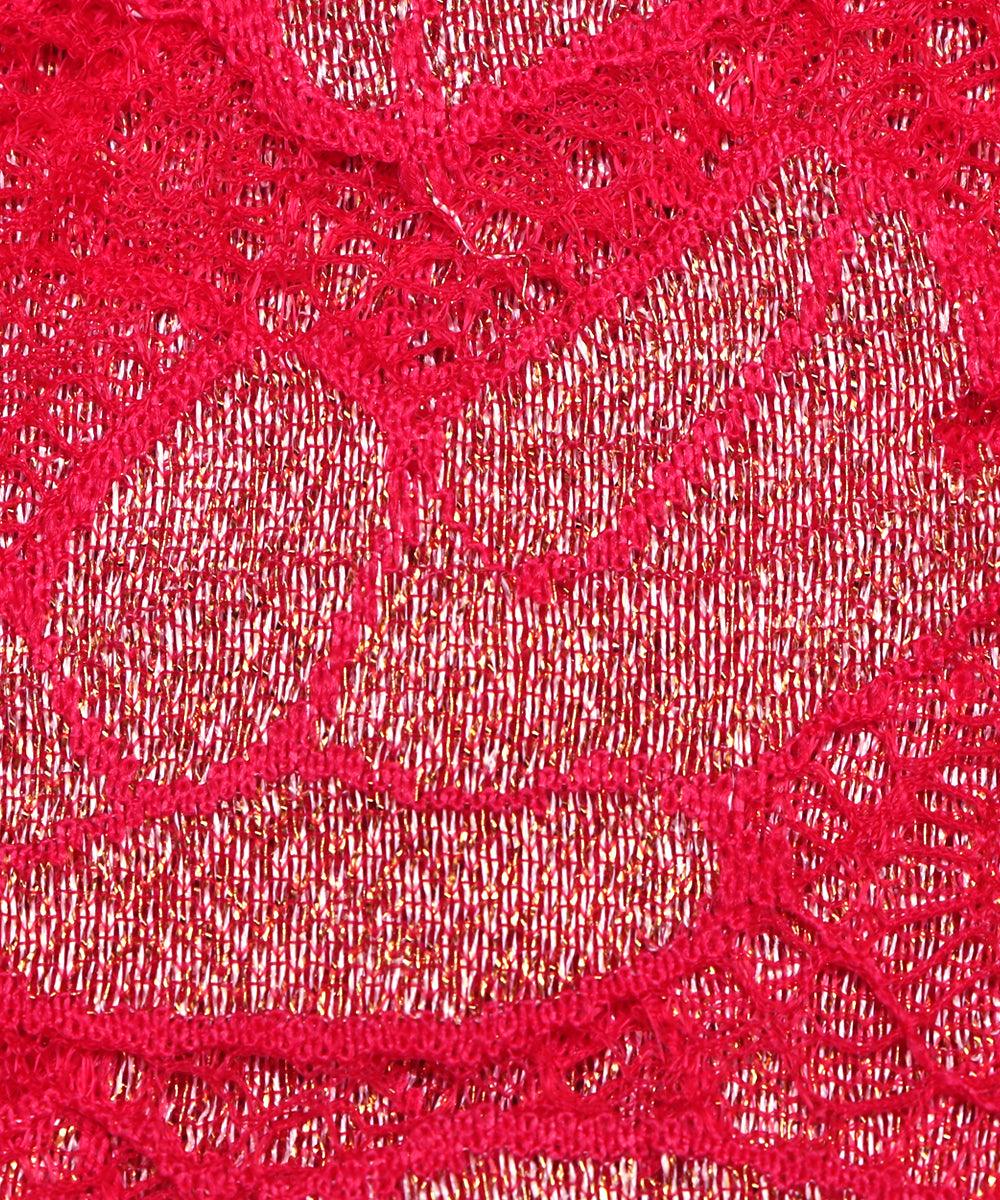 red and golden foil print cut work net fabric hs131 5572