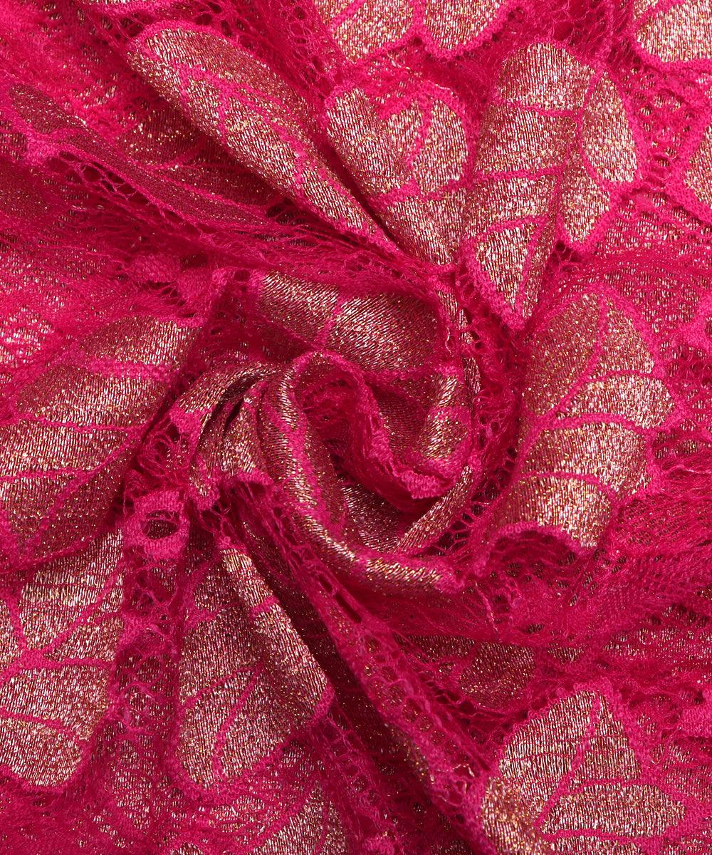 pink and golden foil print cut work net fabric hs131 5576