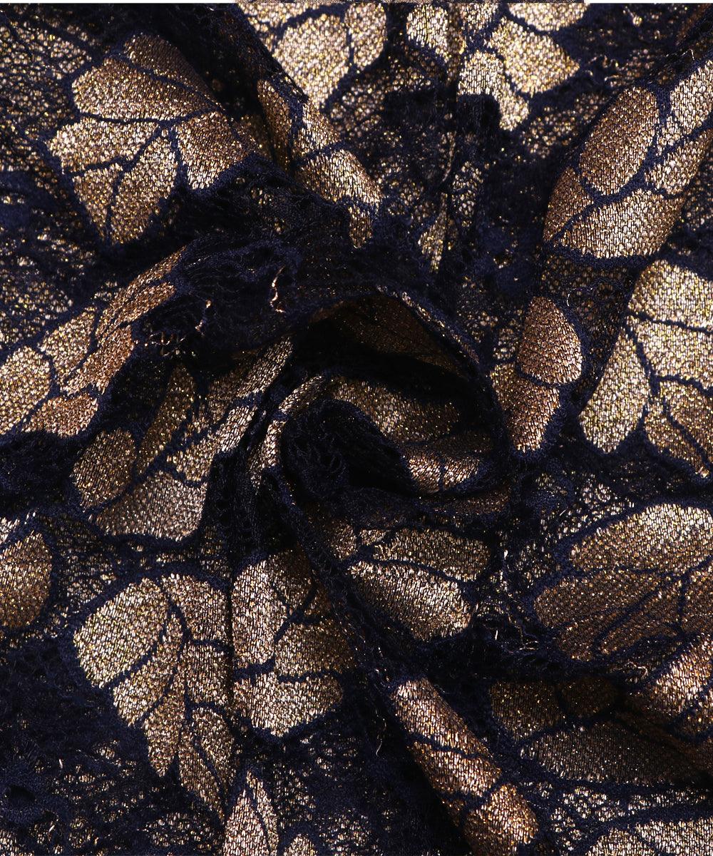 navy blue and golden foil print cut work net fabric hs131 5574