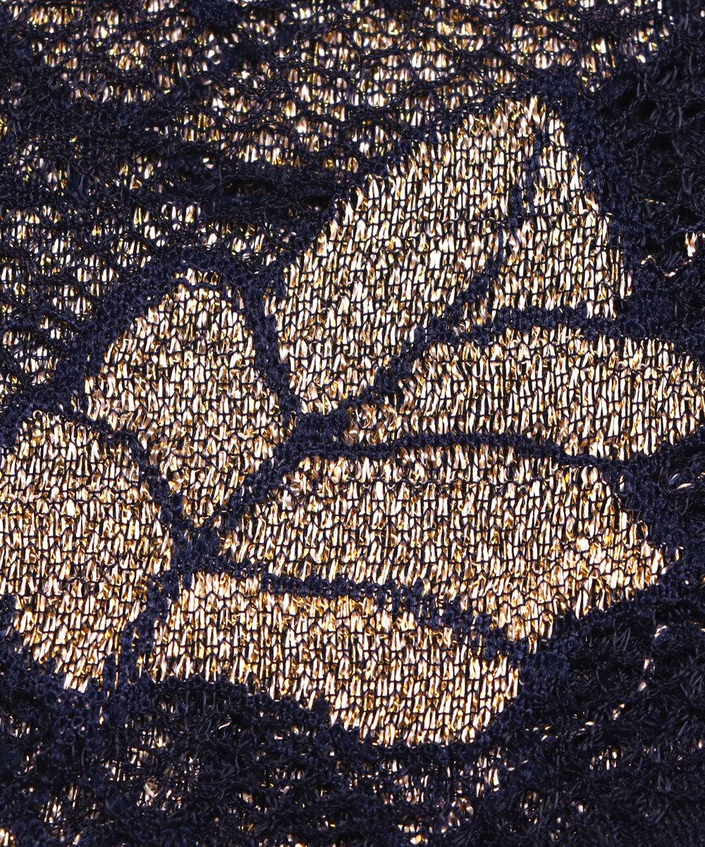 navy blue and golden foil print cut work net fabric hs131 5574