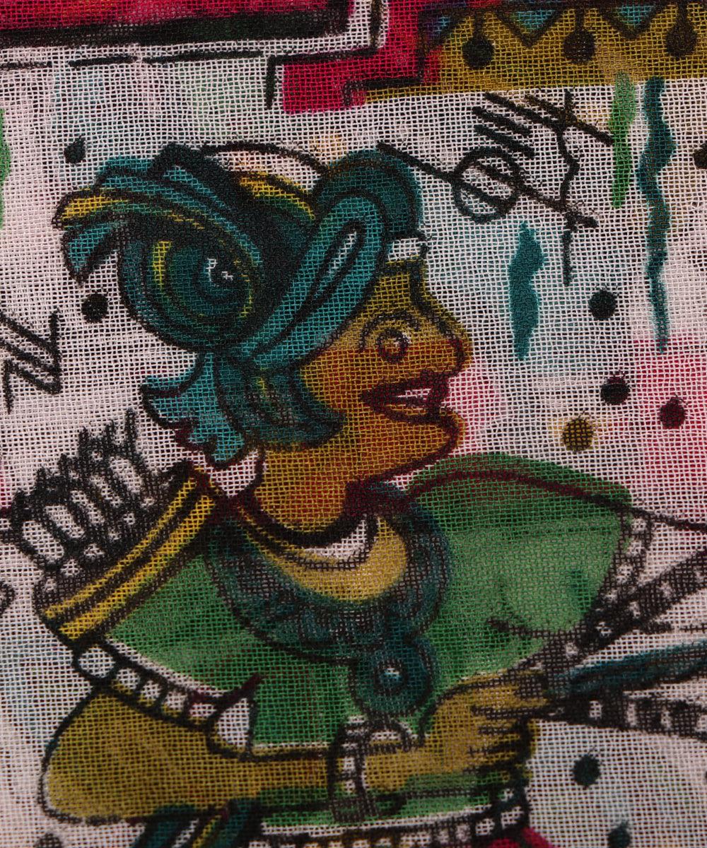 white and brown village print georgette fabric b103 4309