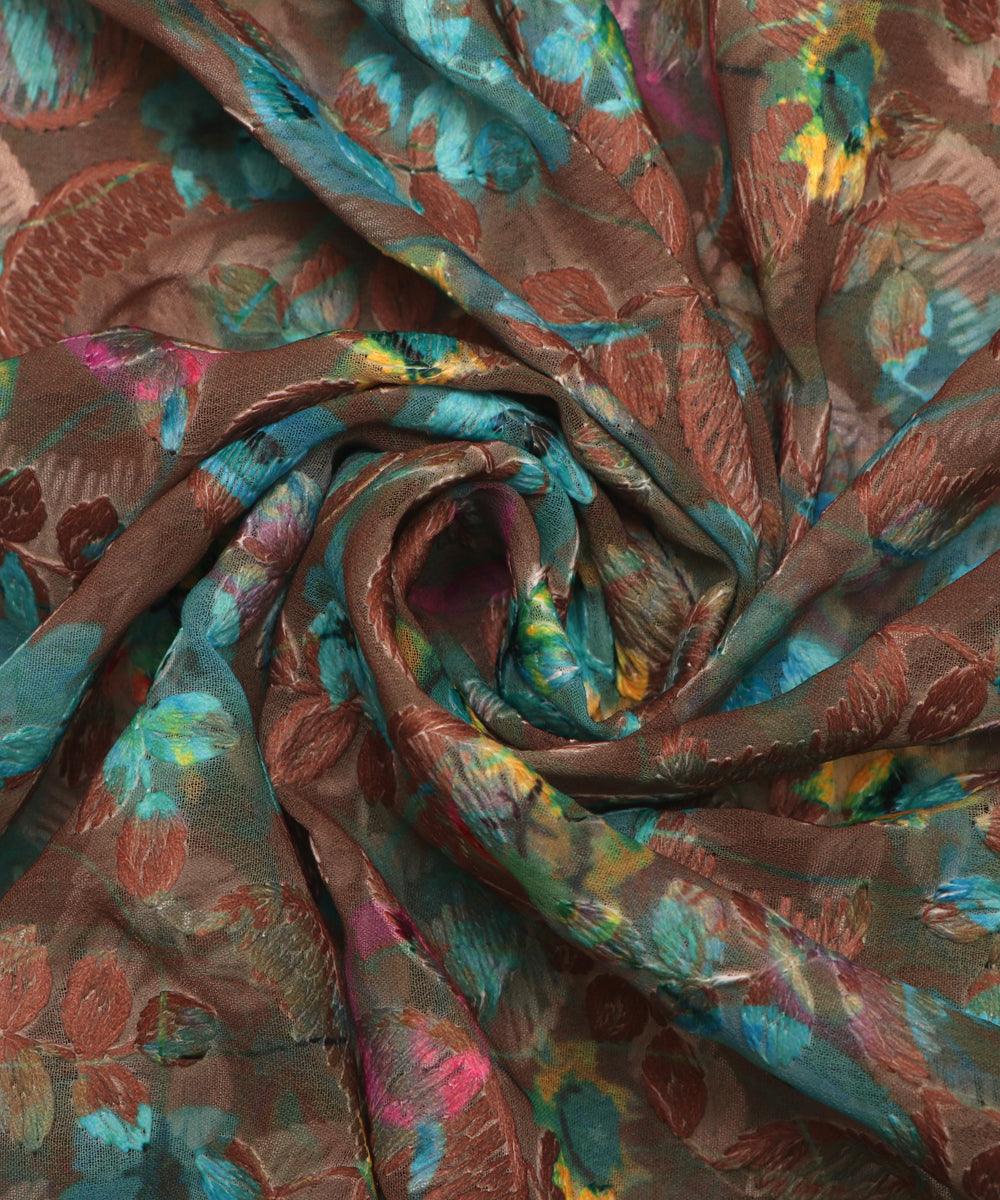 brown floral digital print chikan work georgette fabric