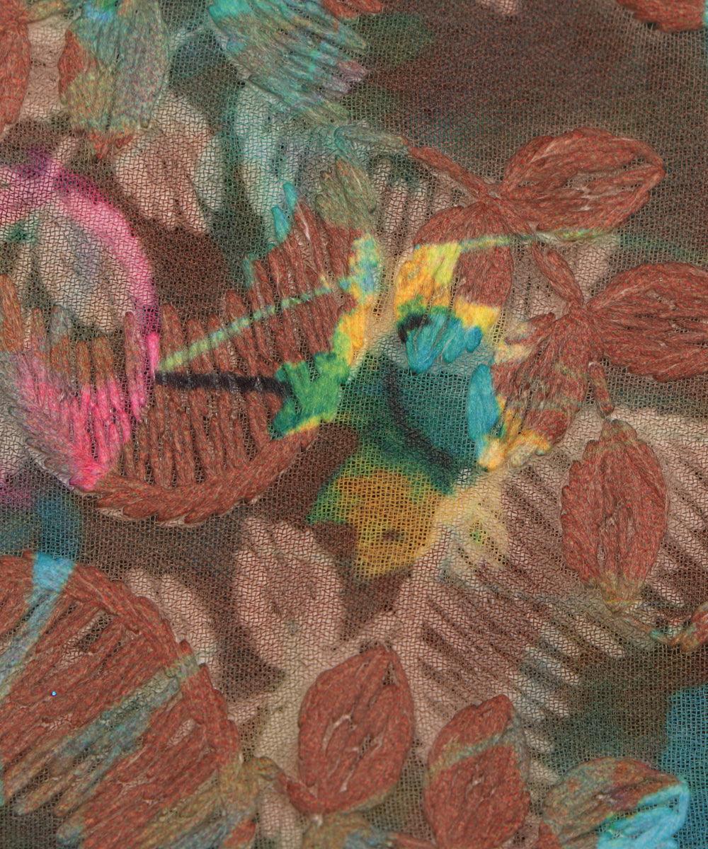 brown floral digital print chikan work georgette fabric