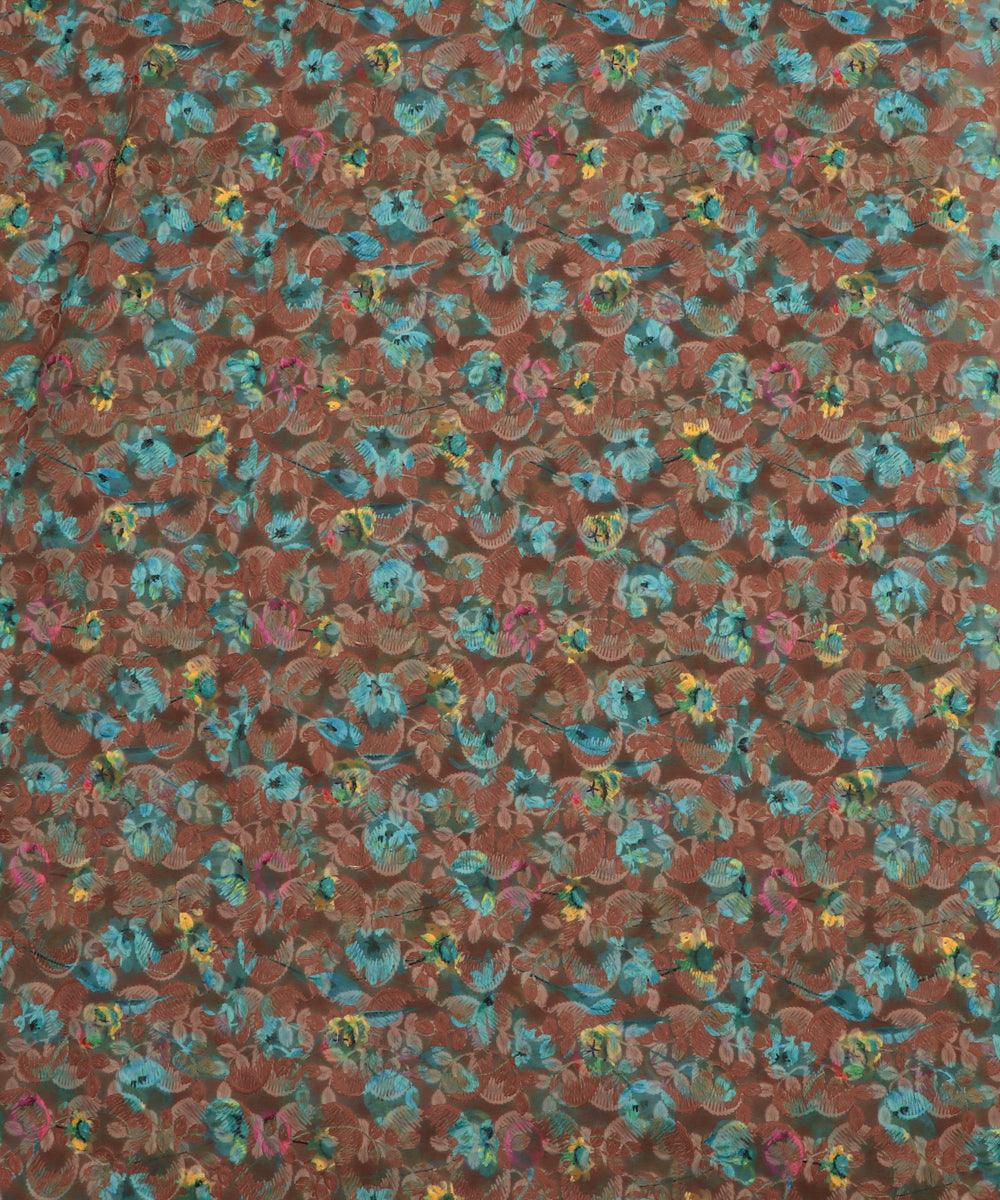 brown floral digital print chikan work georgette fabric