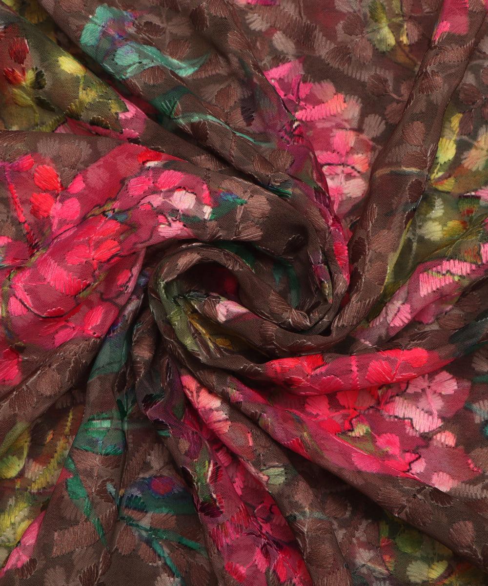 brown floral digital print chikan work georgette fabric 1