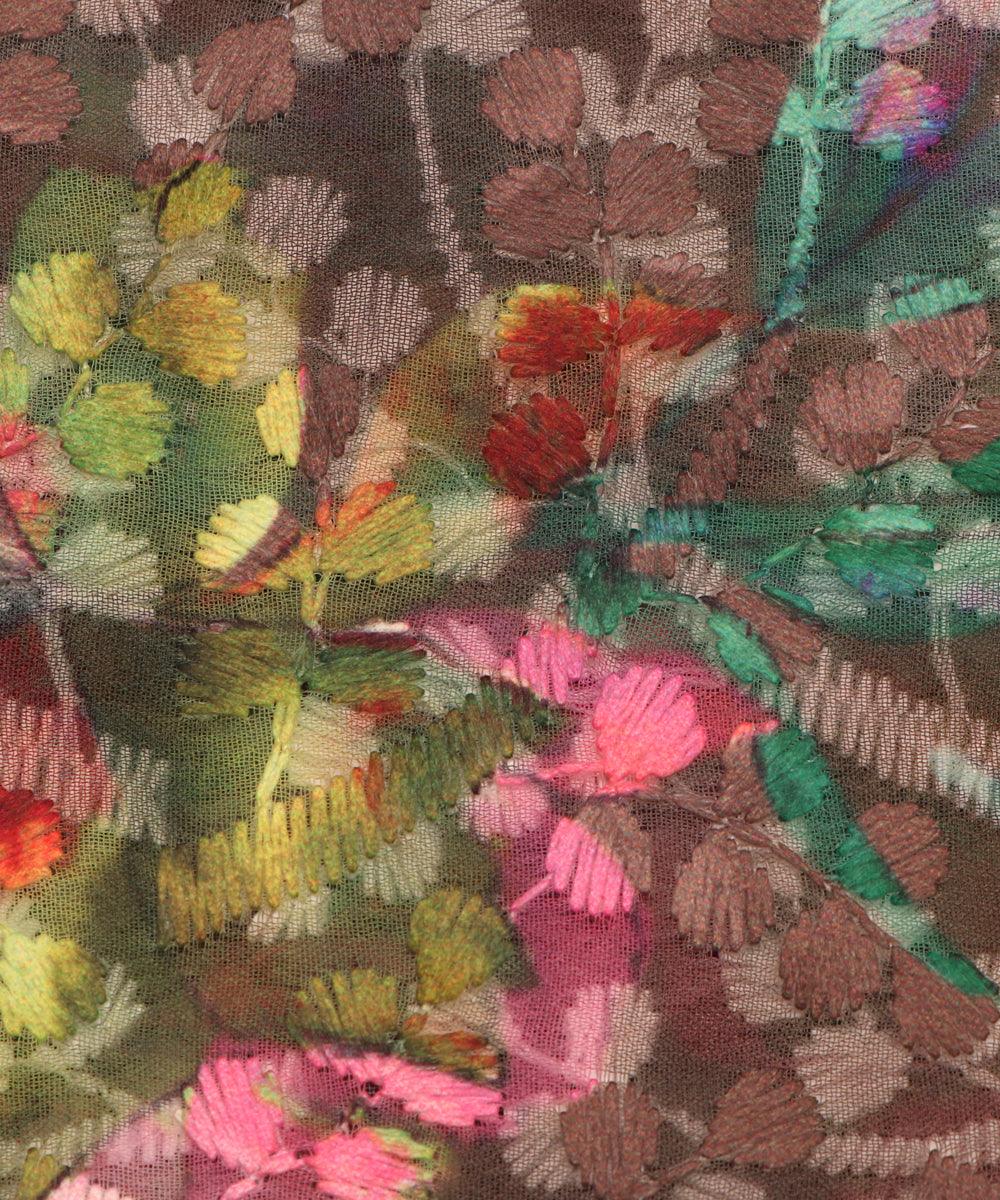 brown floral digital print chikan work georgette fabric 1