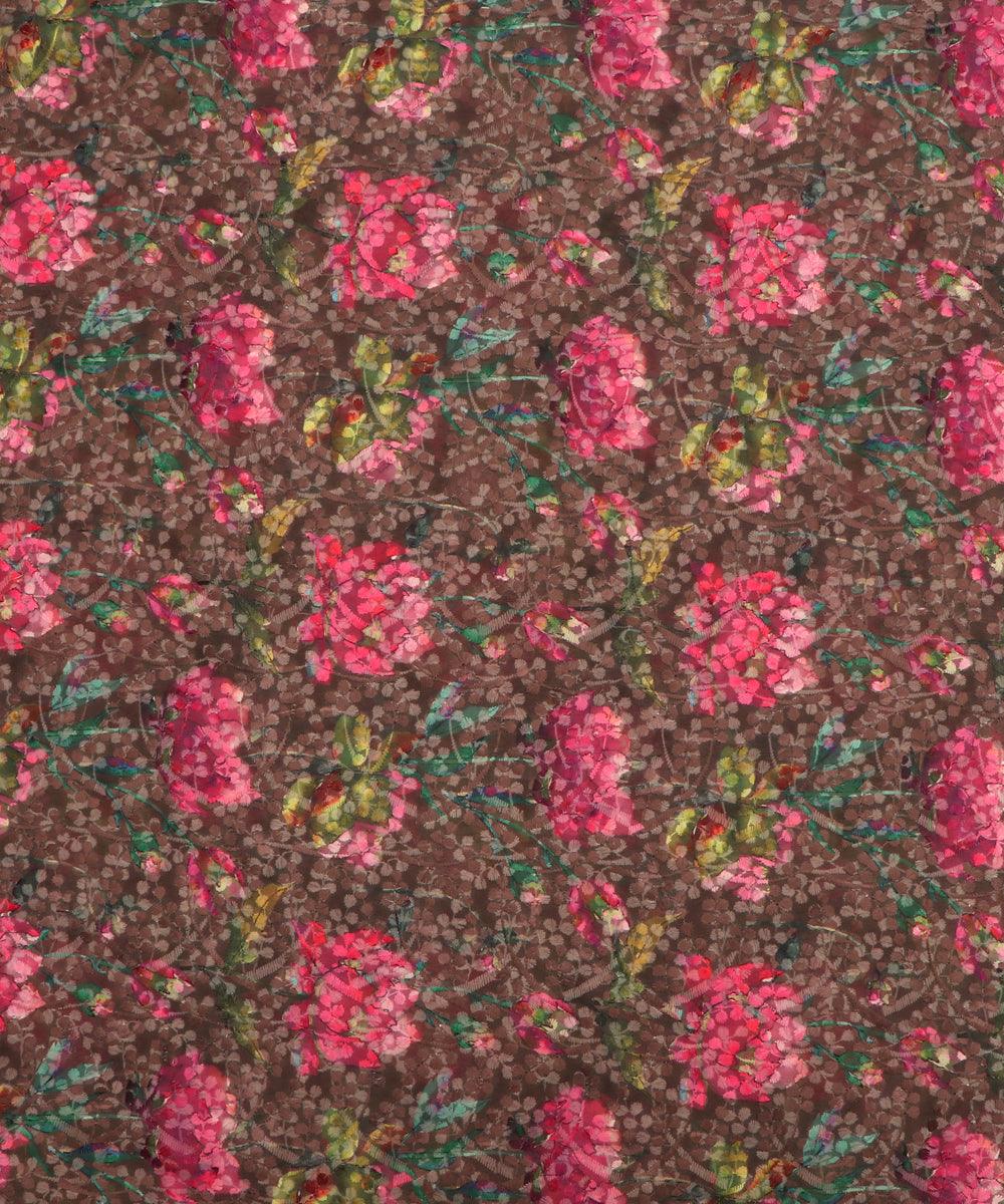 brown floral digital print chikan work georgette fabric 1