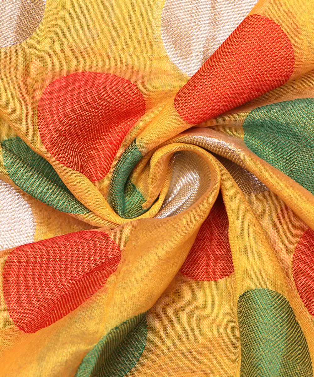 yellow n big polka pattern chanderi silk fabric