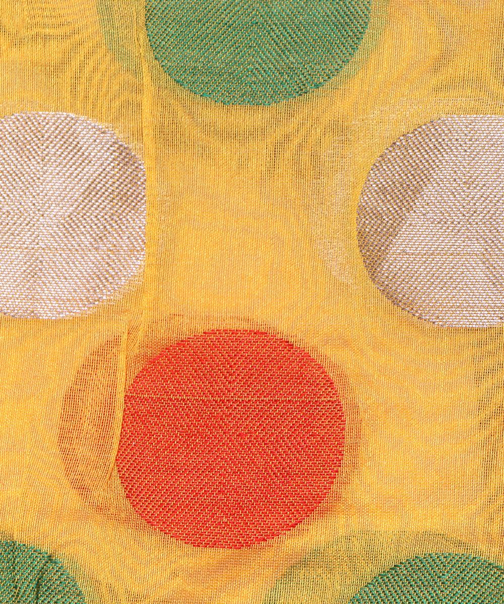 yellow n big polka pattern chanderi silk fabric