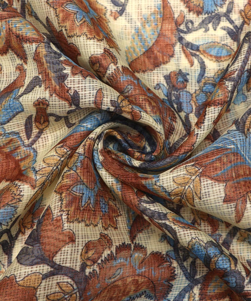 blue kalamkari print kota doria fabric