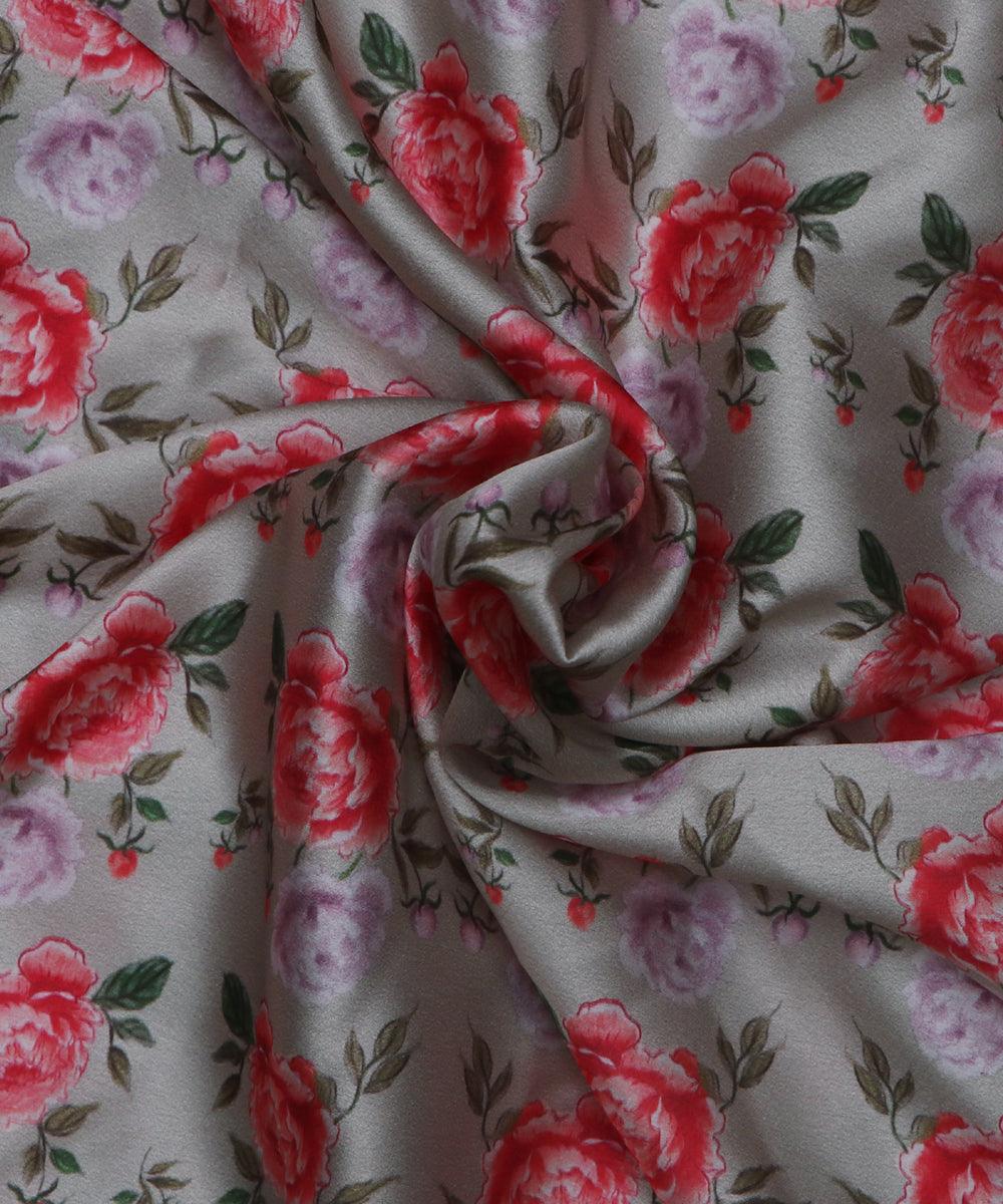 green and pink floral print satin viscose fabric