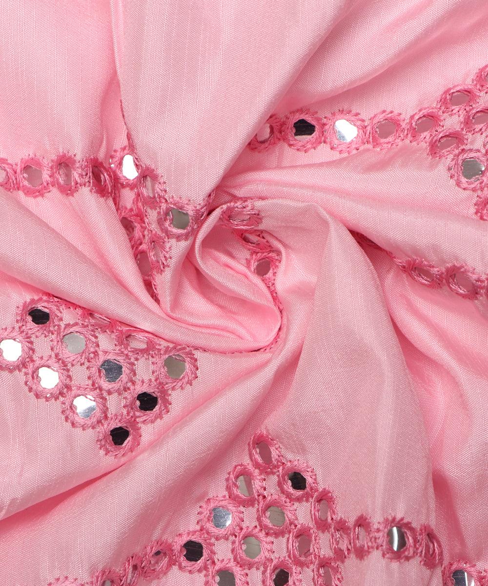 light pink mirror embroidery uppada silk fabric