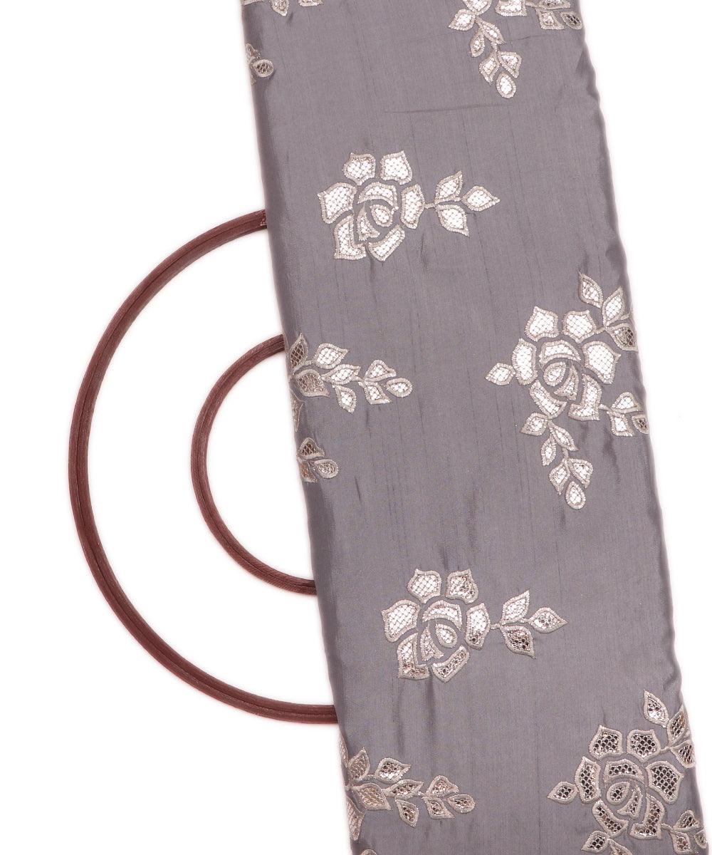 grey zari foil embroidery satin silk fabric np100 5033