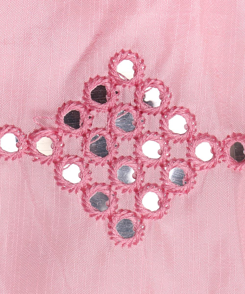 light pink mirror embroidery uppada silk fabric