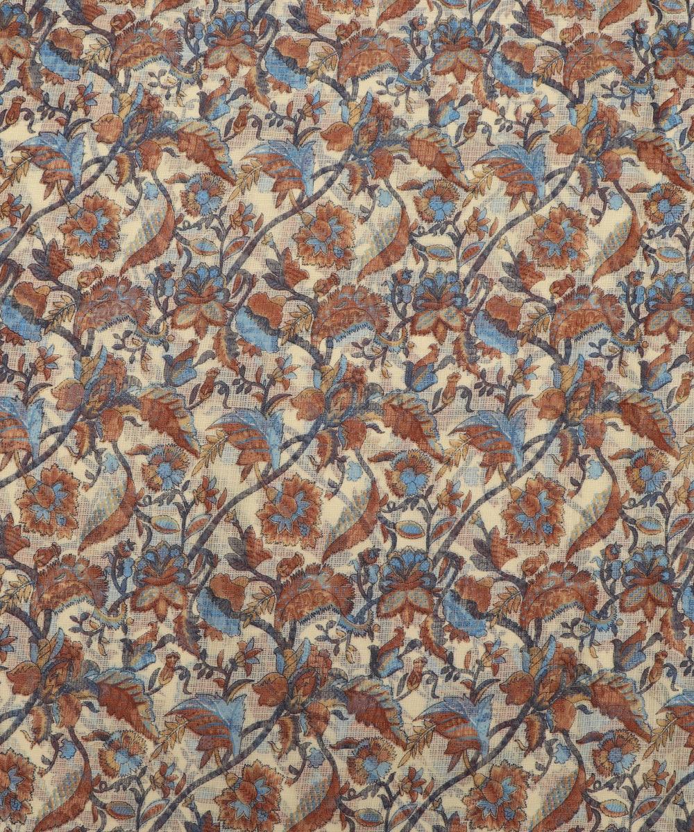 blue kalamkari print kota doria fabric