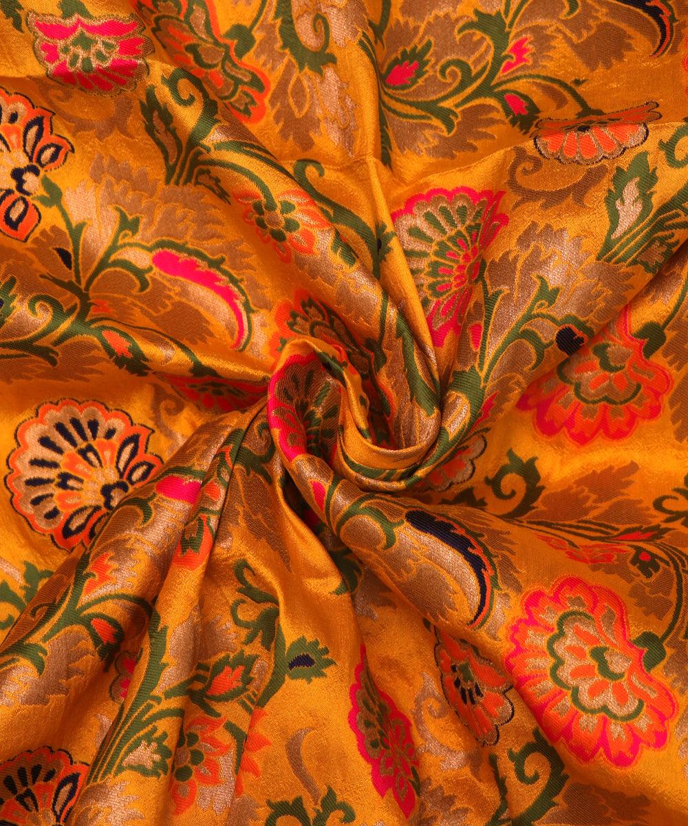 yellow and golden digital floral print pure banarasi brocade silk fabric o146 5653