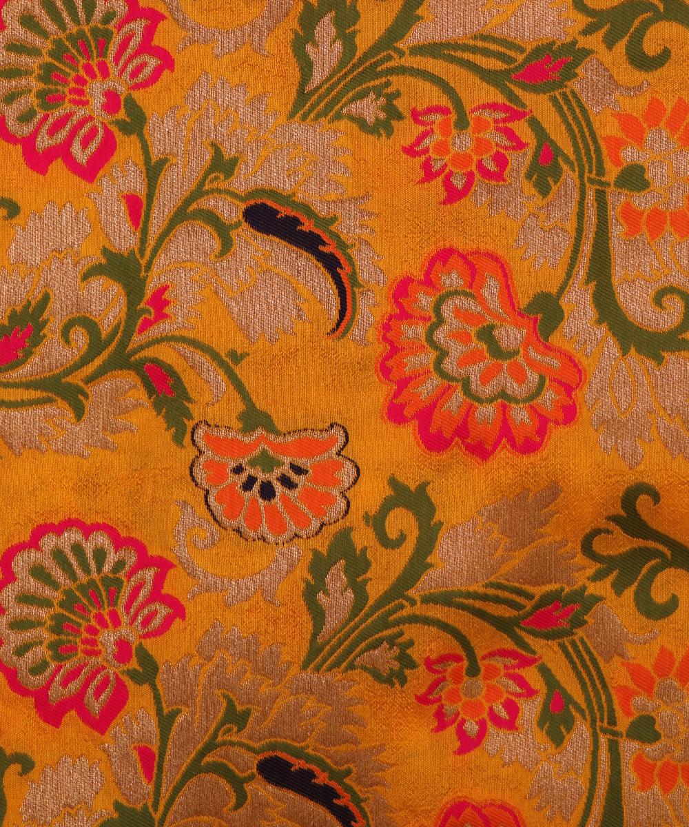 yellow and golden digital floral print pure banarasi brocade silk fabric o146 5653
