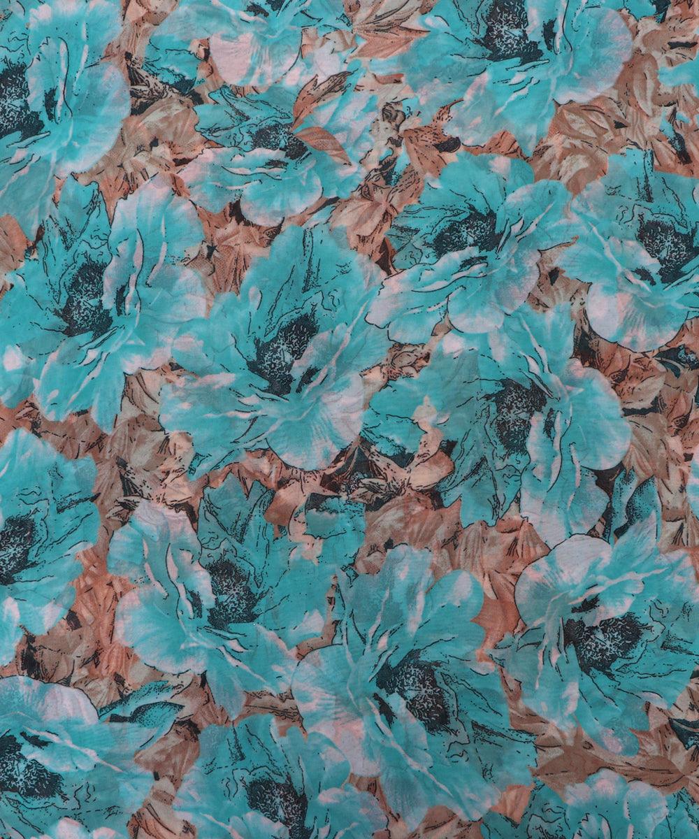 blue and brown floral print georgette fabric b103 4310