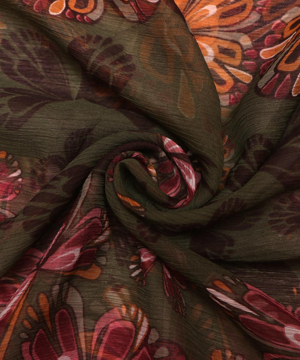 green and black floral print chiffon fabric b147 3945