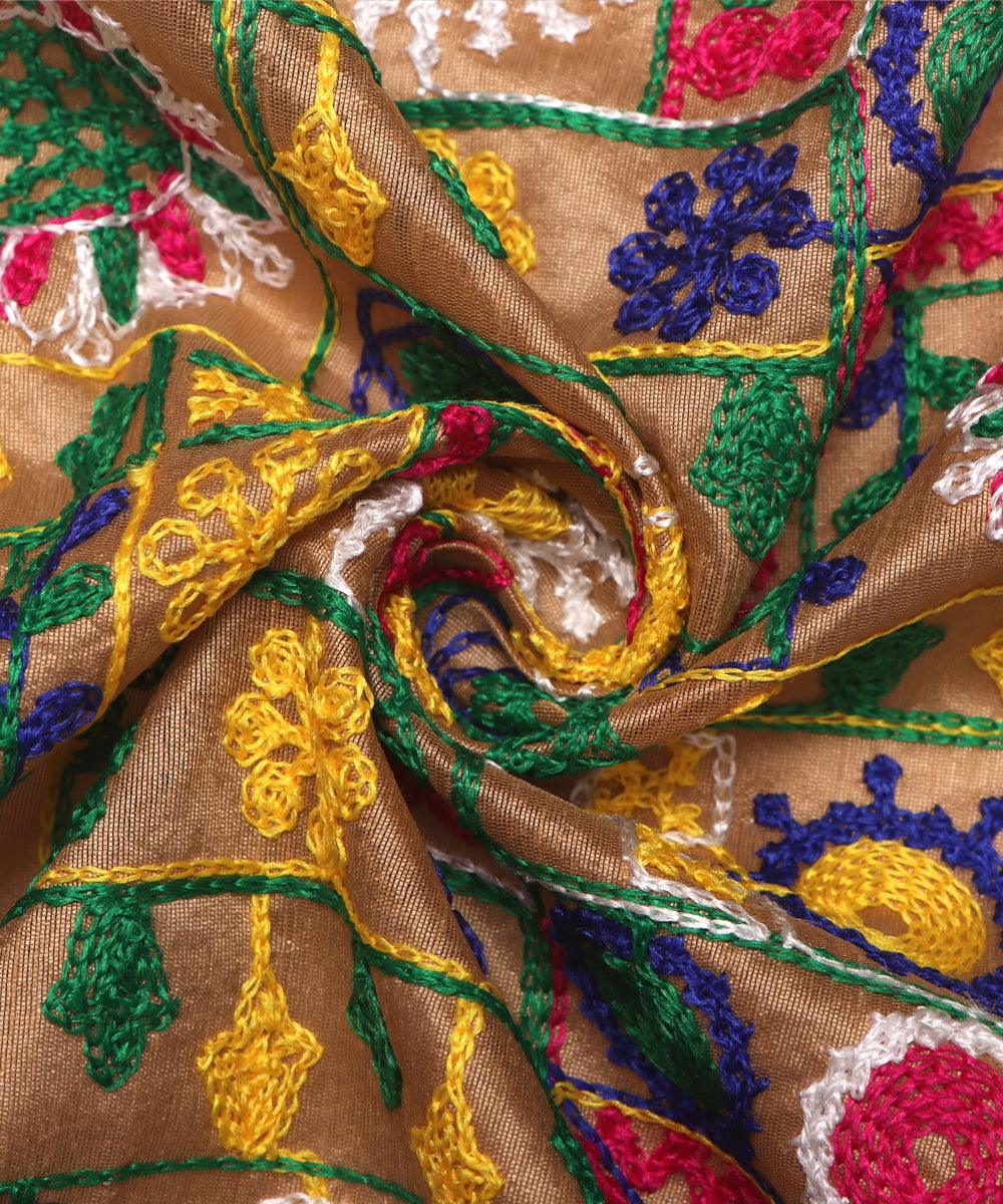 golden raw silk embroidery fabric