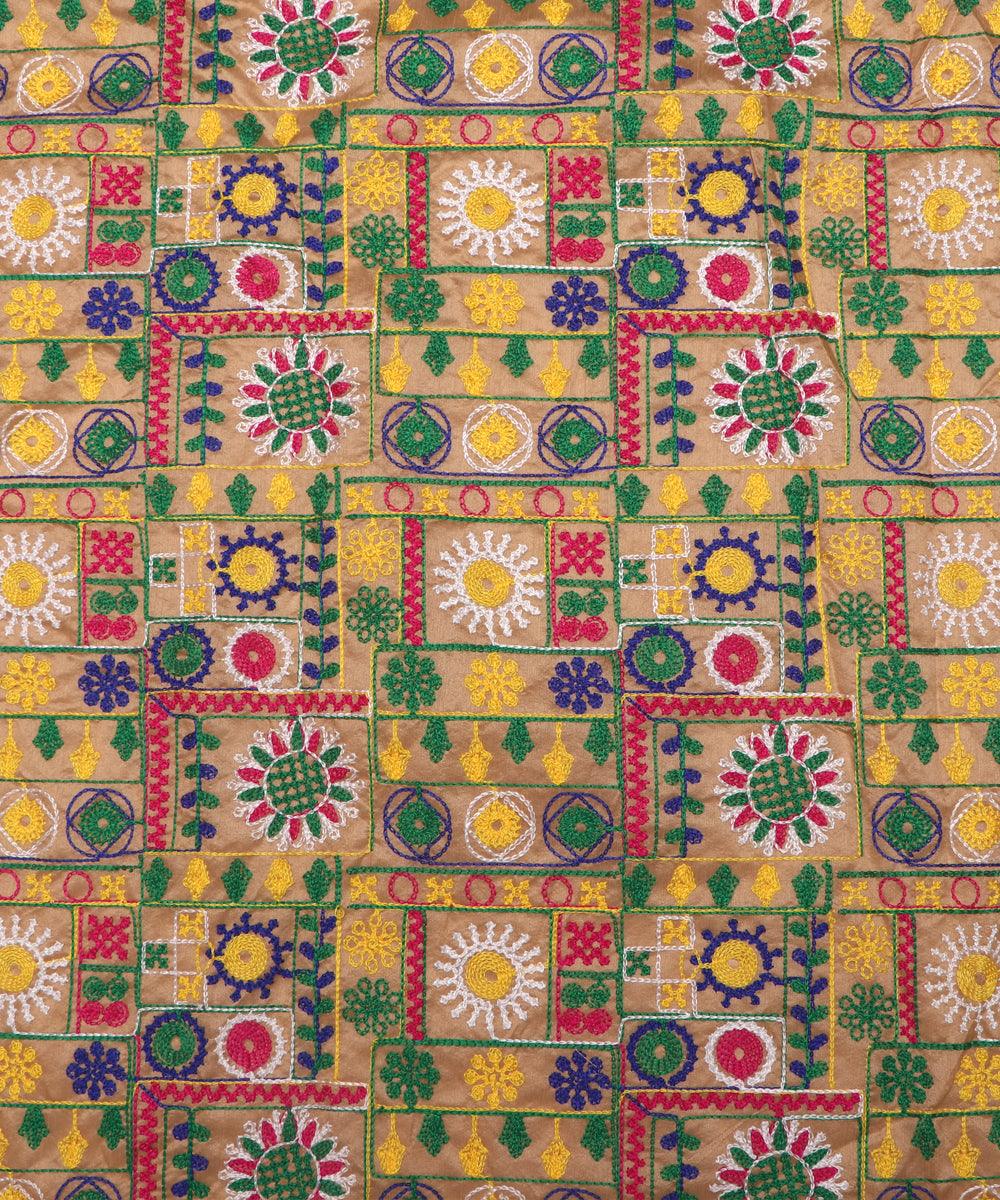 golden raw silk embroidery fabric