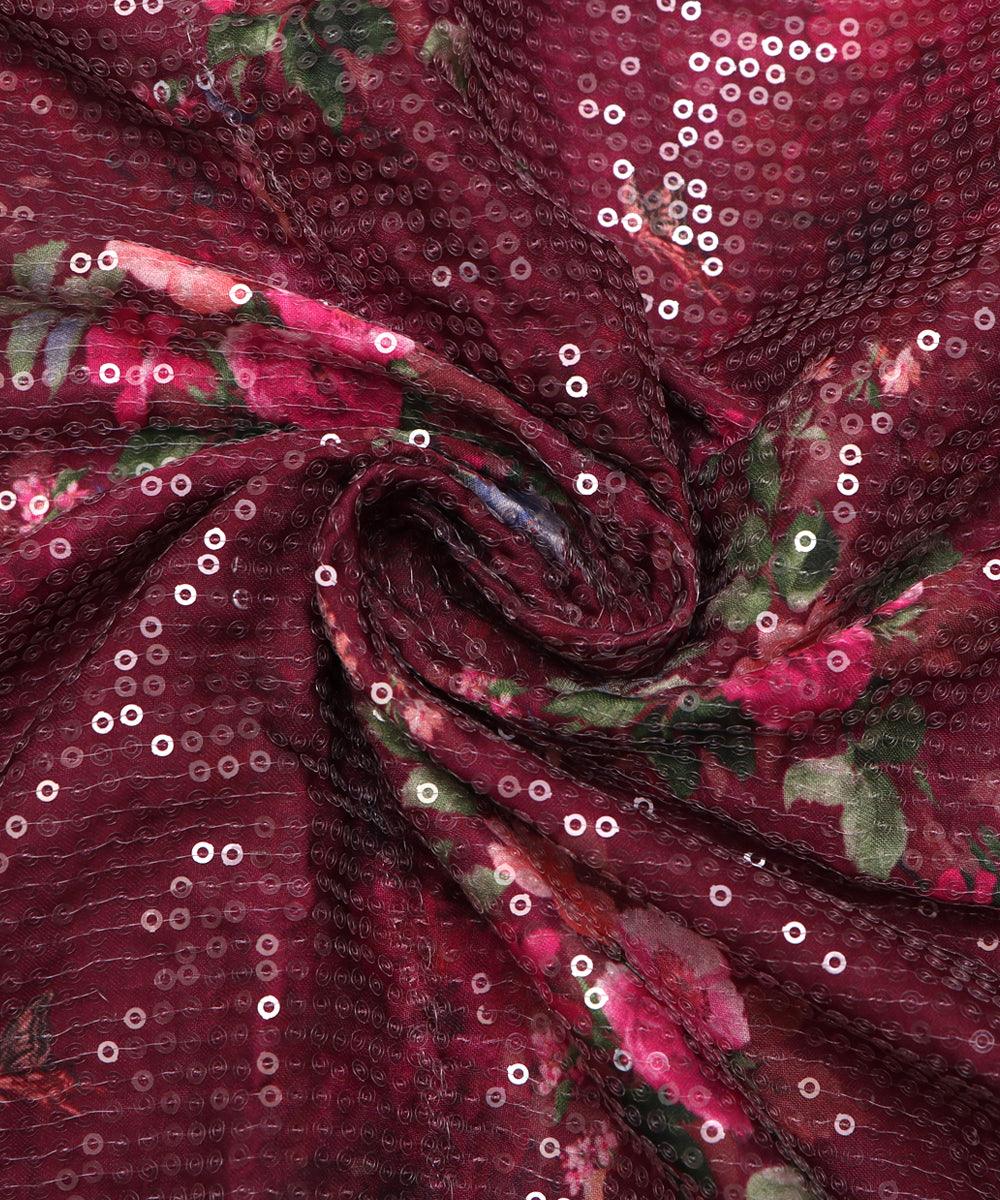 wine and pink floral digital print sequin embroidery modal satin fabric