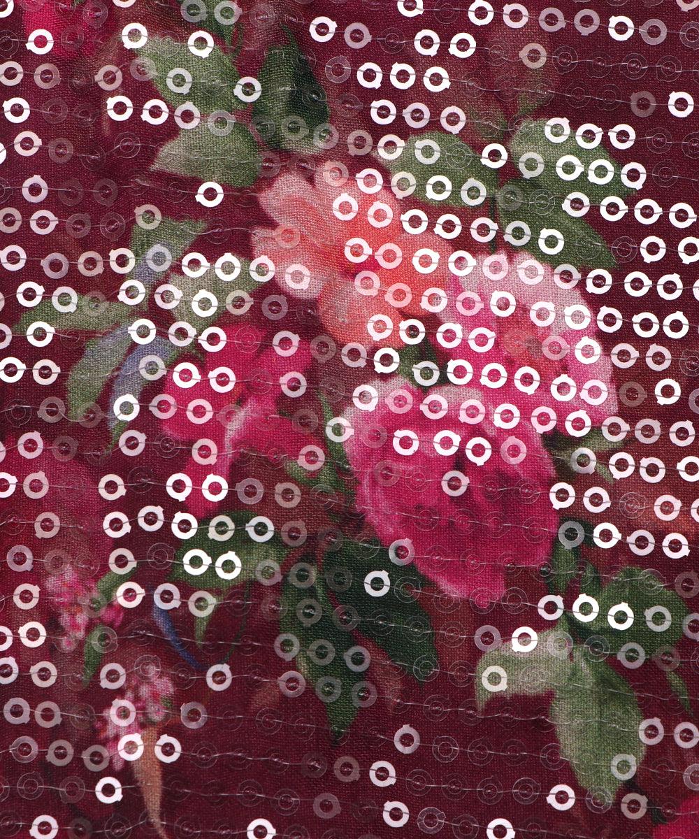 wine and pink floral digital print sequin embroidery modal satin fabric