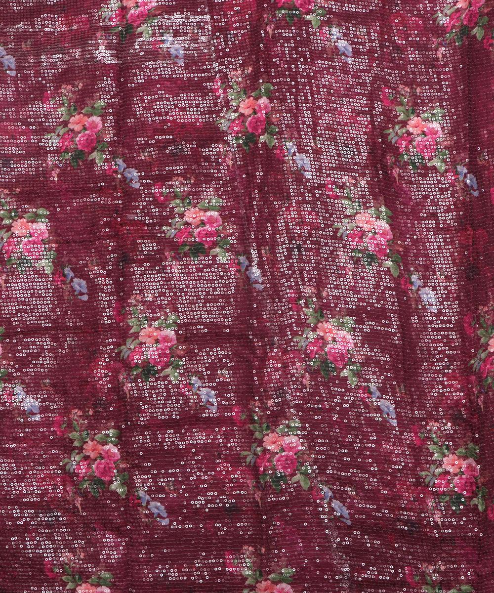 wine and pink floral digital print sequin embroidery modal satin fabric