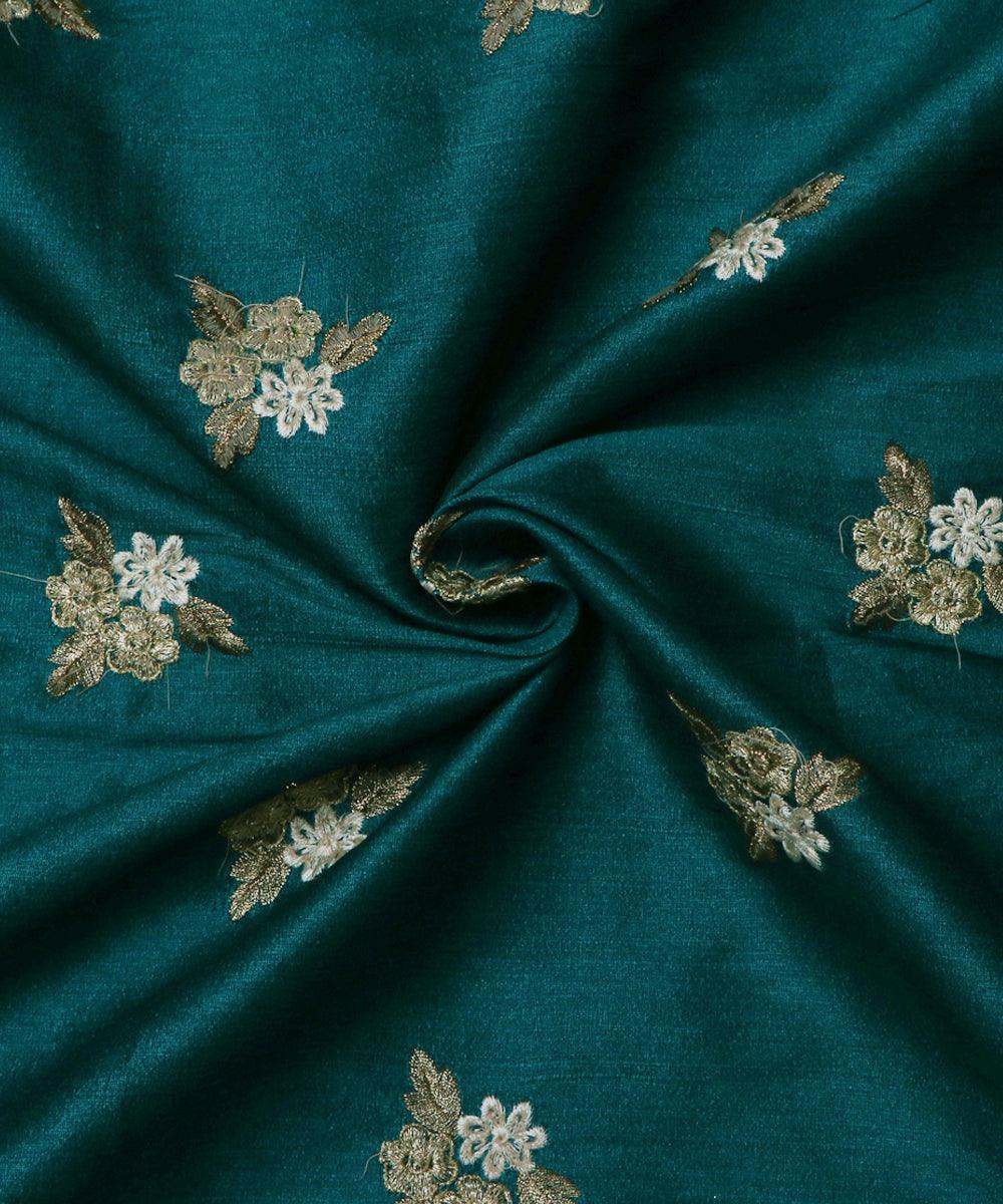dark turquoise and green zari embroidery malbari raw silk fabric at104 5855