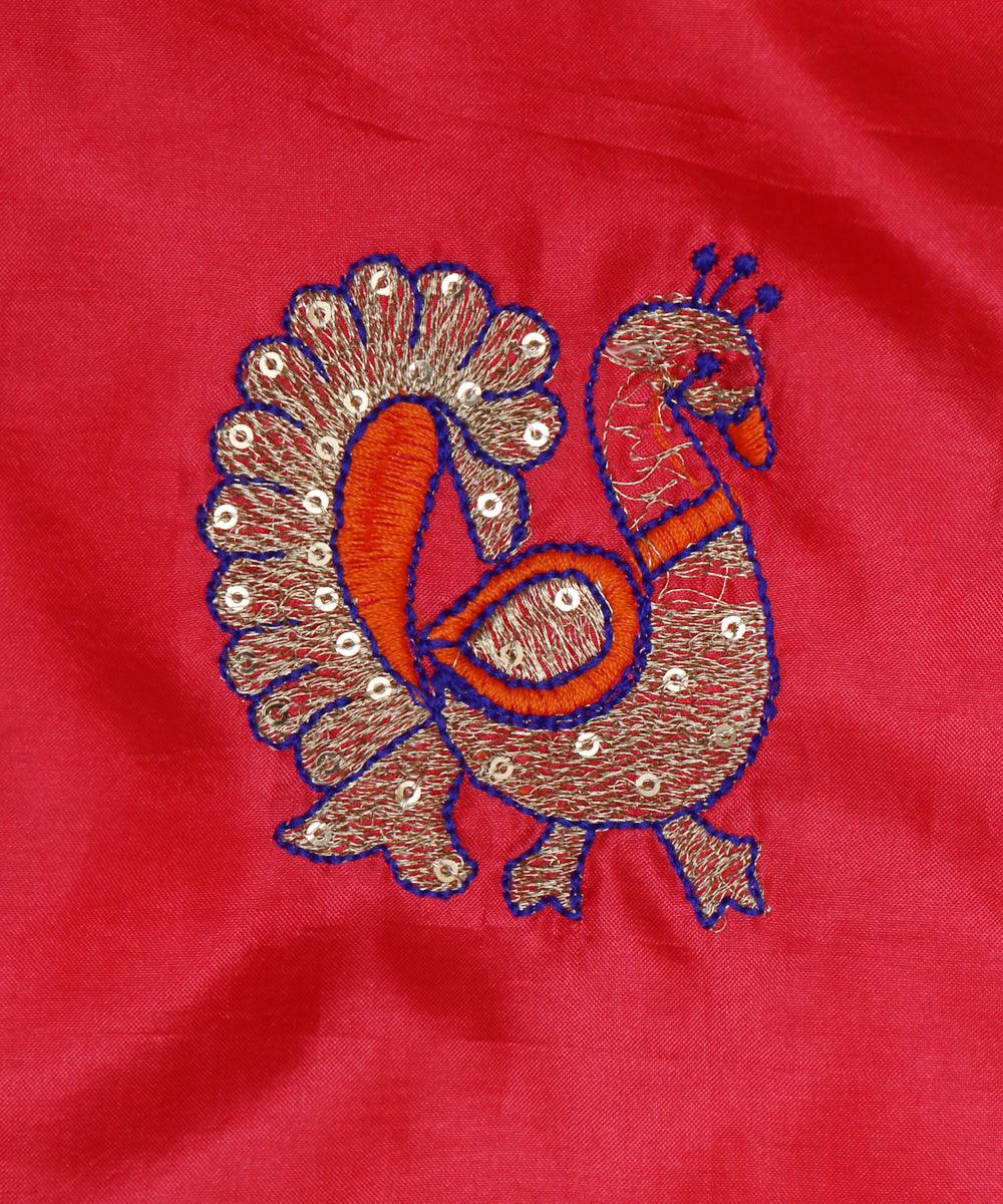 magenta yellow two tone peacock pattern zari embroidery soft silk fabric at104 5860