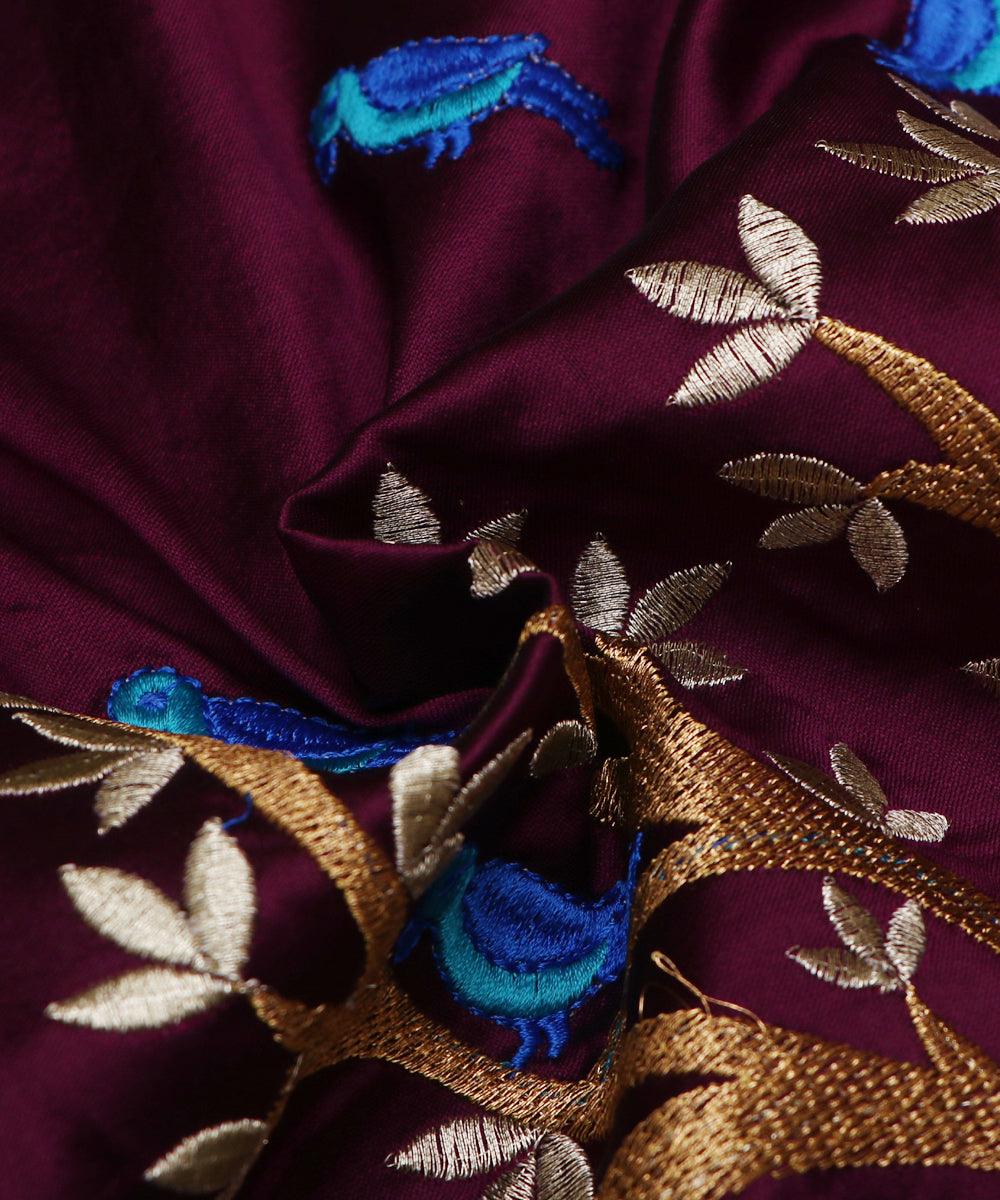 wine blue golden bird pattern embroidery satin taffeta fabric