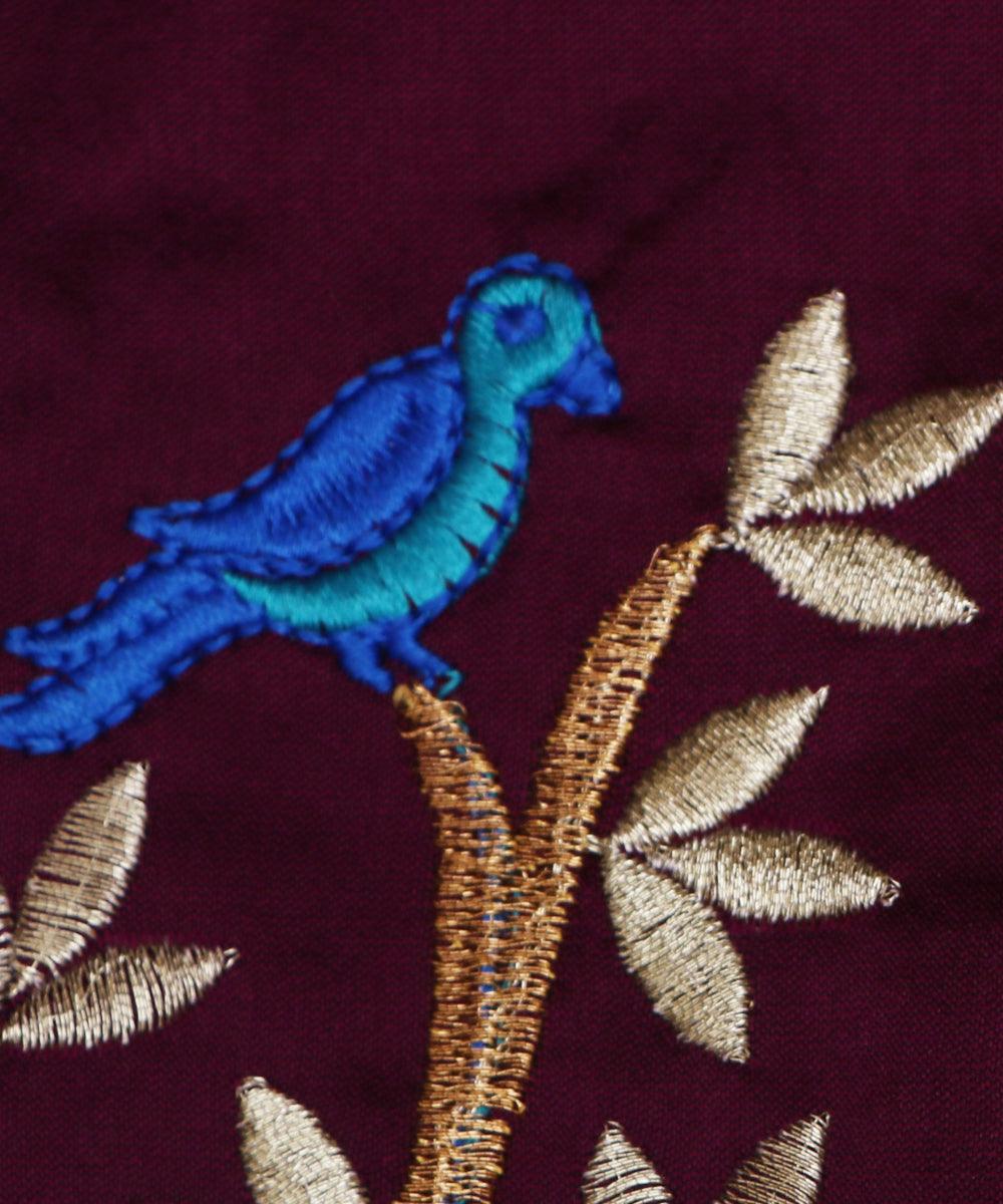 wine blue golden bird pattern embroidery satin taffeta fabric