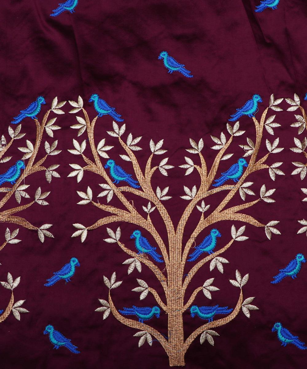 wine blue golden bird pattern embroidery satin taffeta fabric
