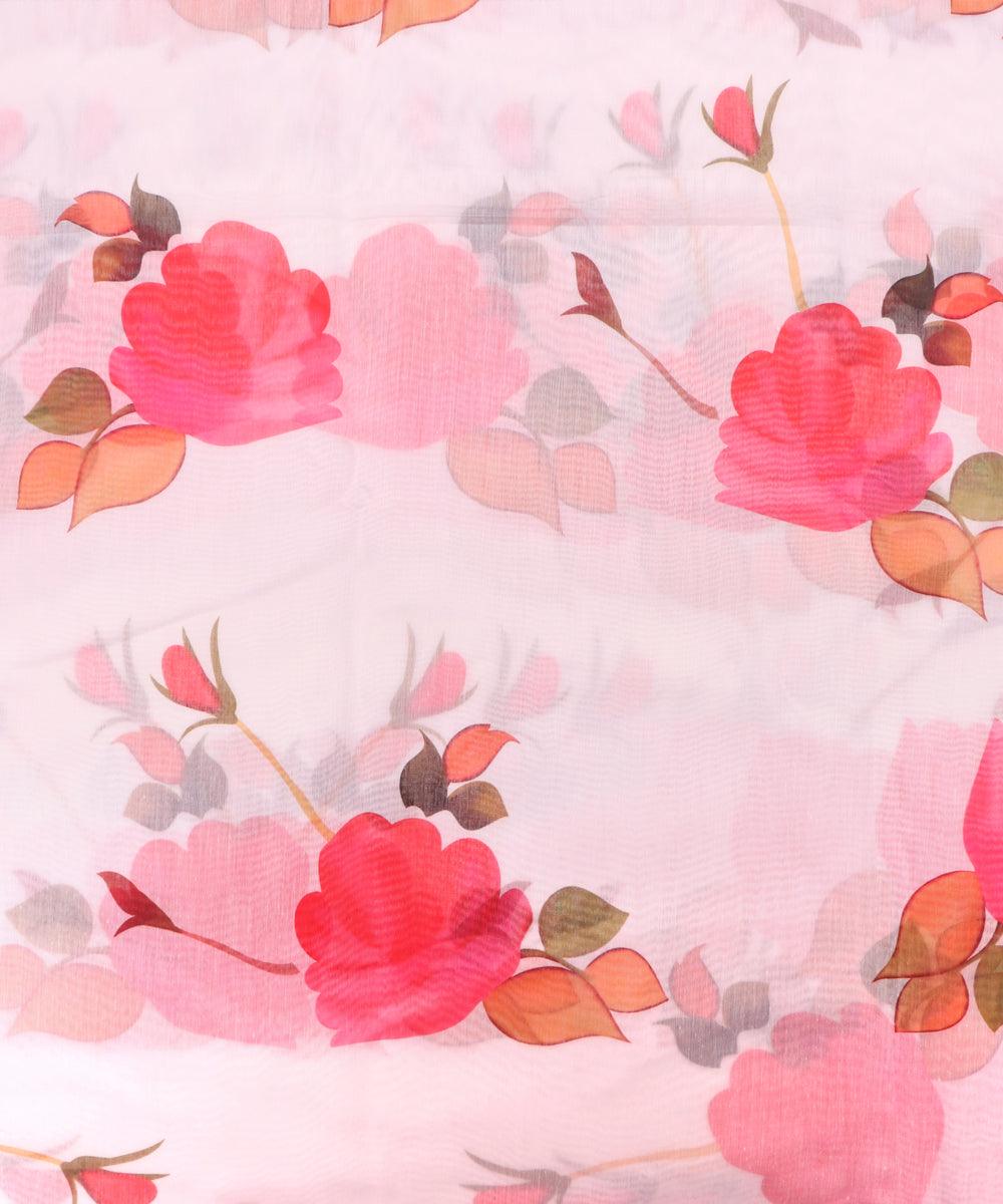 White Colour Floral Print Chanderi Fabric - Fabric Dekho