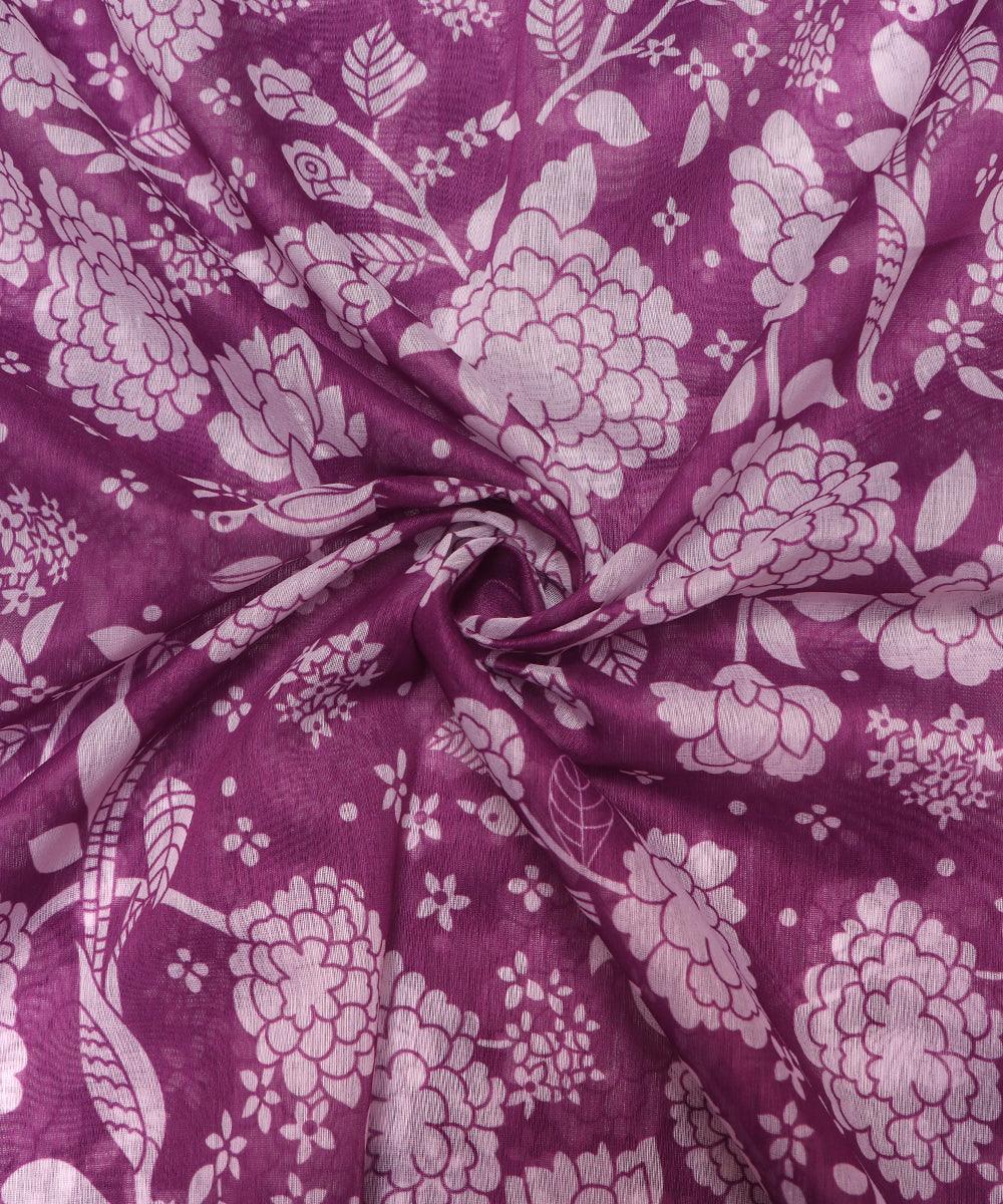 Purple Colour Flower Print Chanderi Fabric