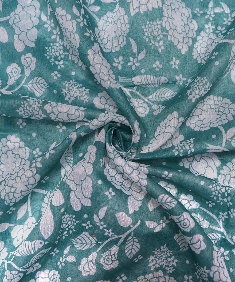 Green Colour Floral Print Chanderi Fabric