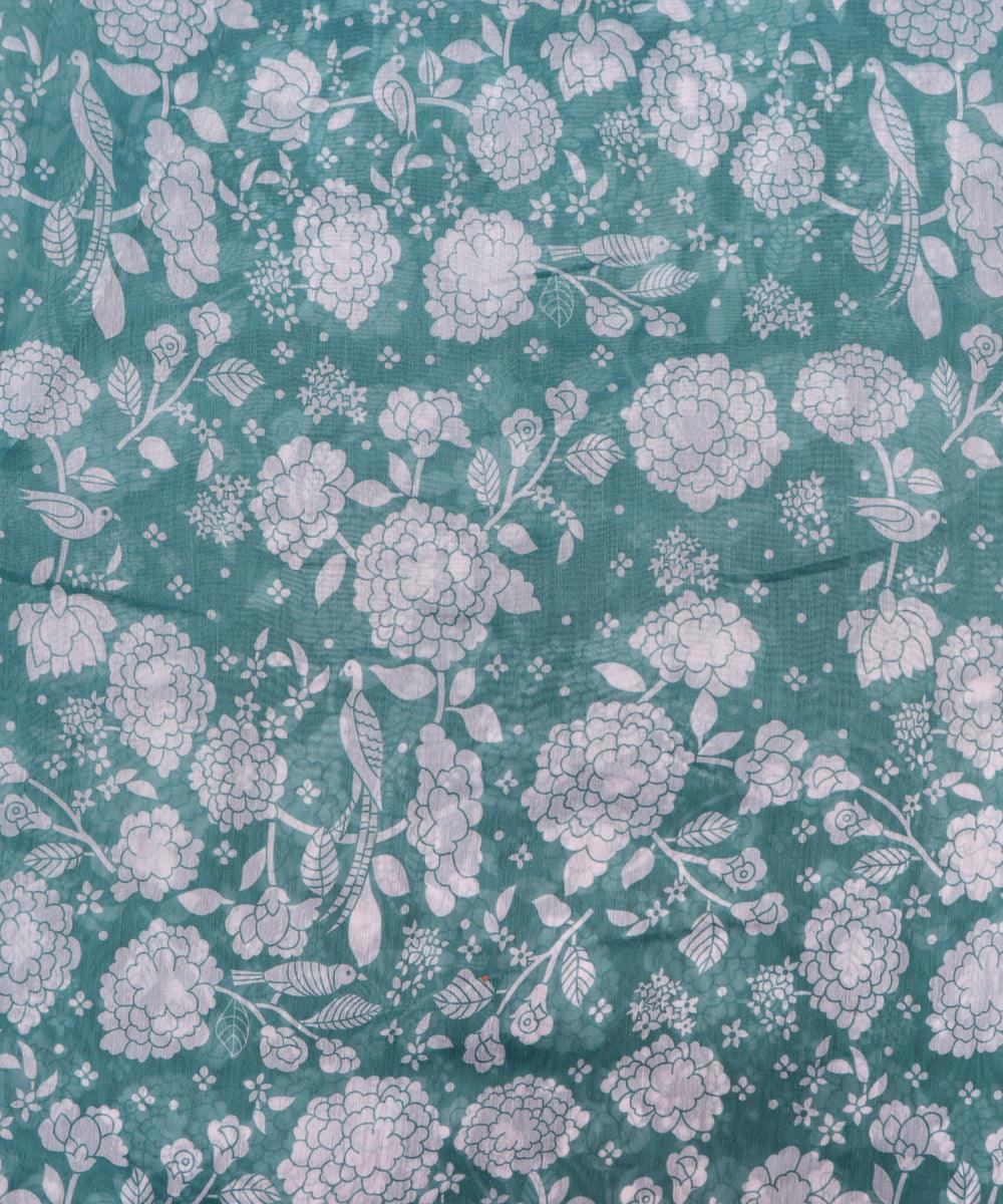 Green Colour Floral Print Chanderi Fabric