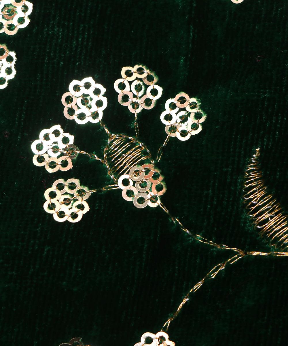 Green Colour Floral Pattern Embroidery Velvet Fabric