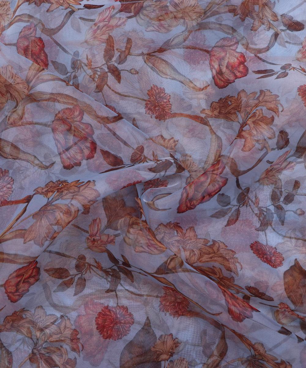 Light Blue Colour  Floral Print Organza Fabric