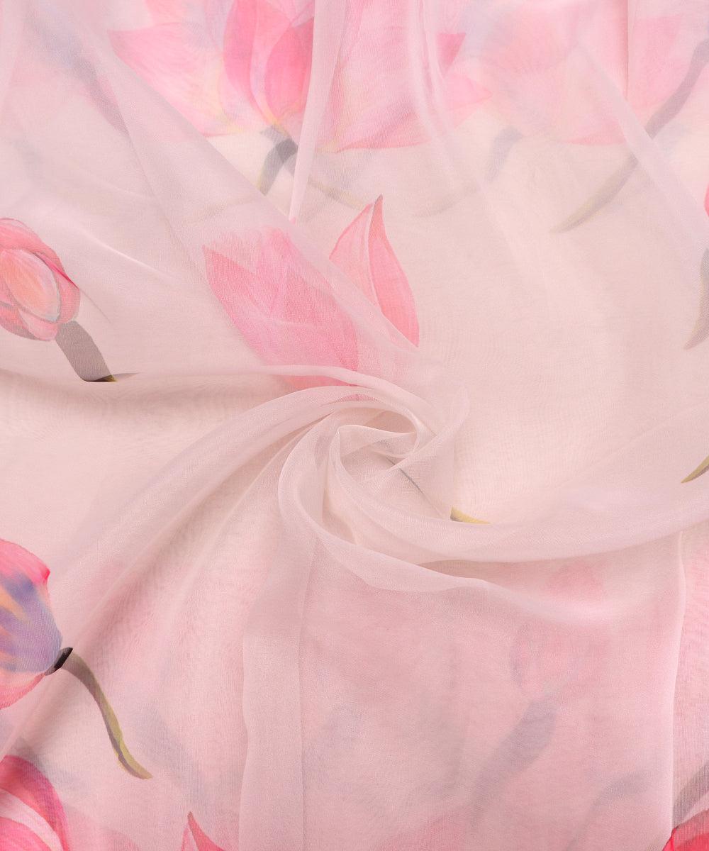 Off White Colour Floral Print Organza Fabric