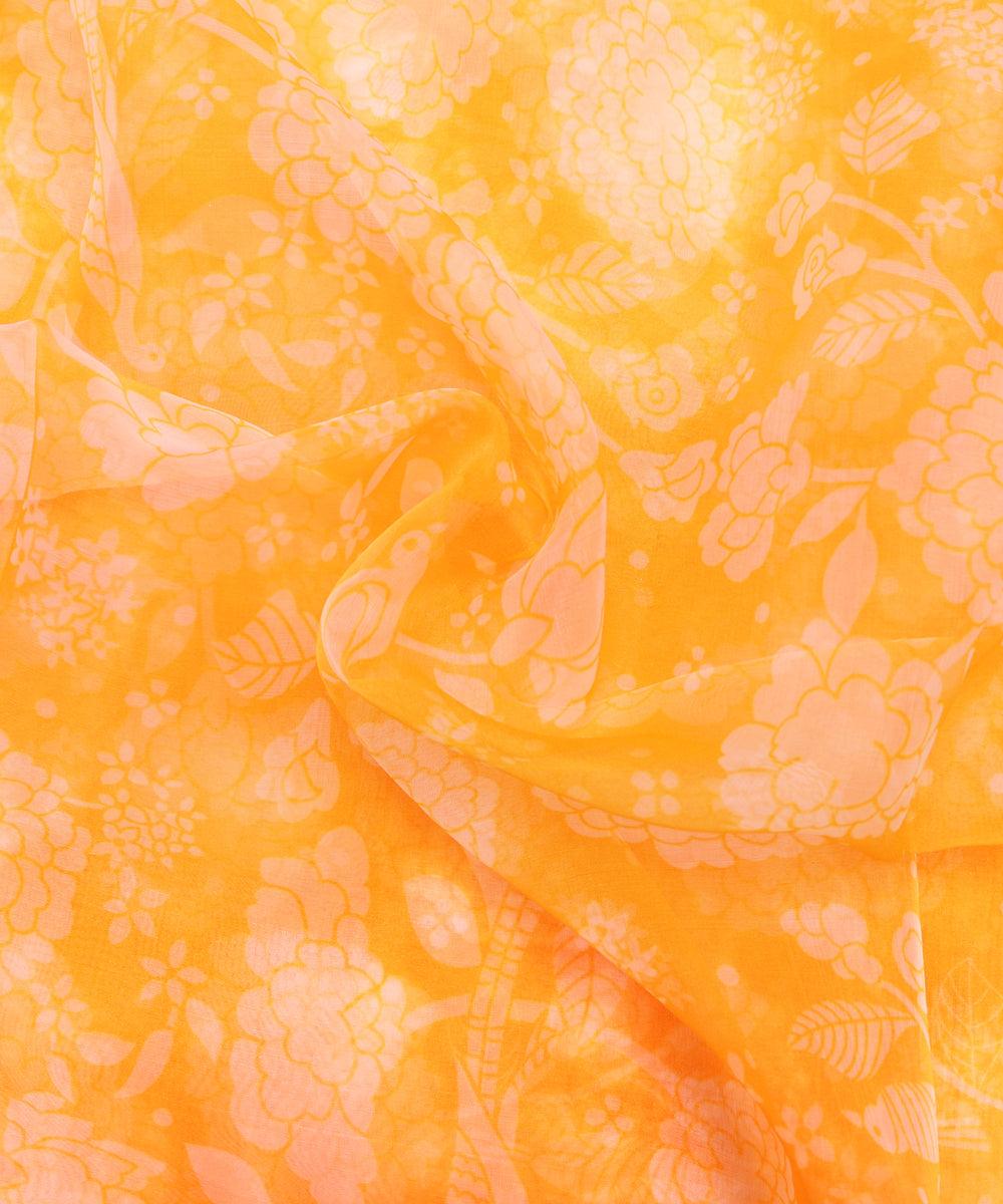 Yellow Colour Floral Print Organza Fabric