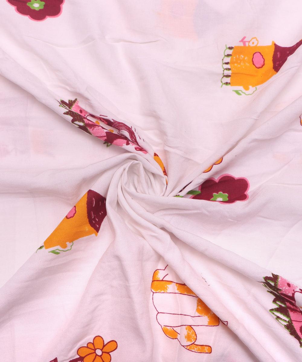White Colour Kids Print Rayon Fabric