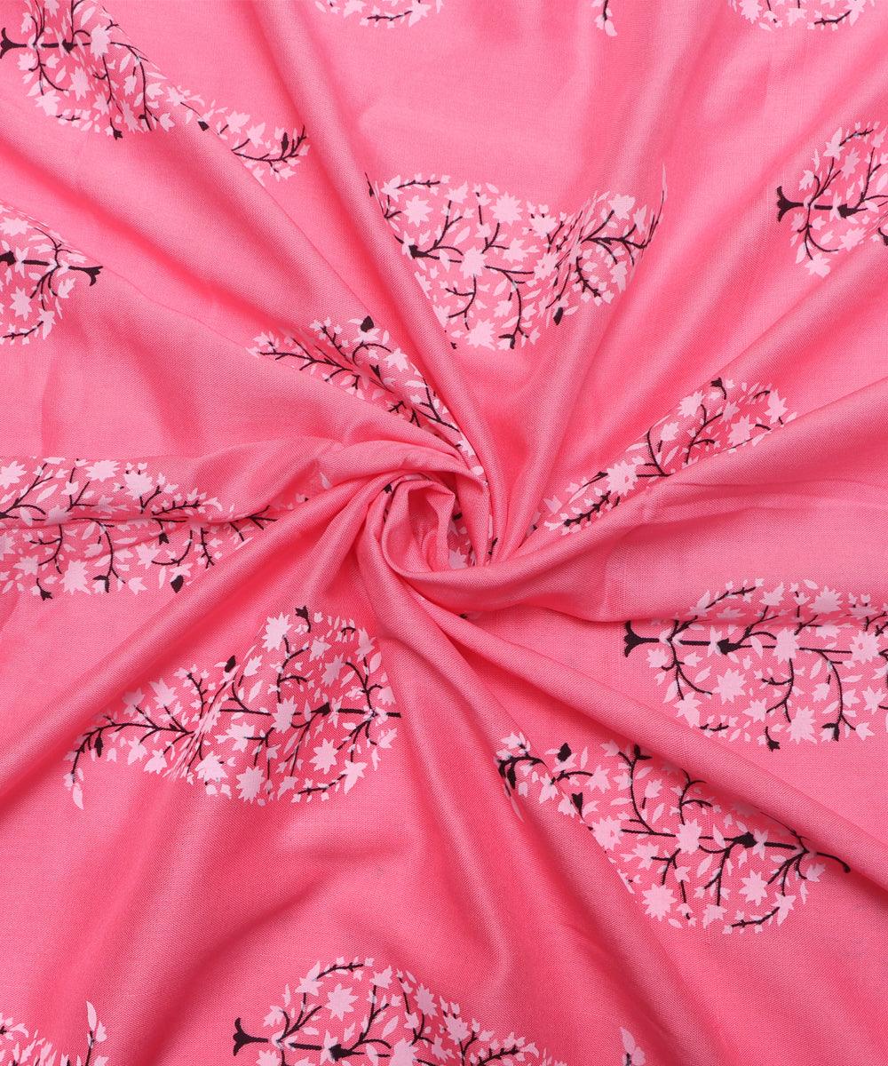 Pink Colour Leaf Print Rayon Fabric